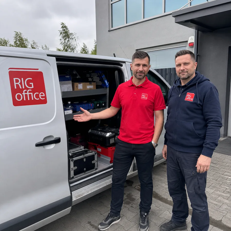 Pracownicy RIG Office przy samochodzie serwisowym