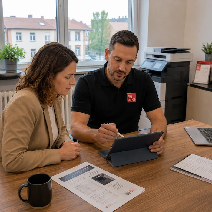Pracownik RIG Office analizuje potrzeby klienta i dobiera urządzenie drukujące