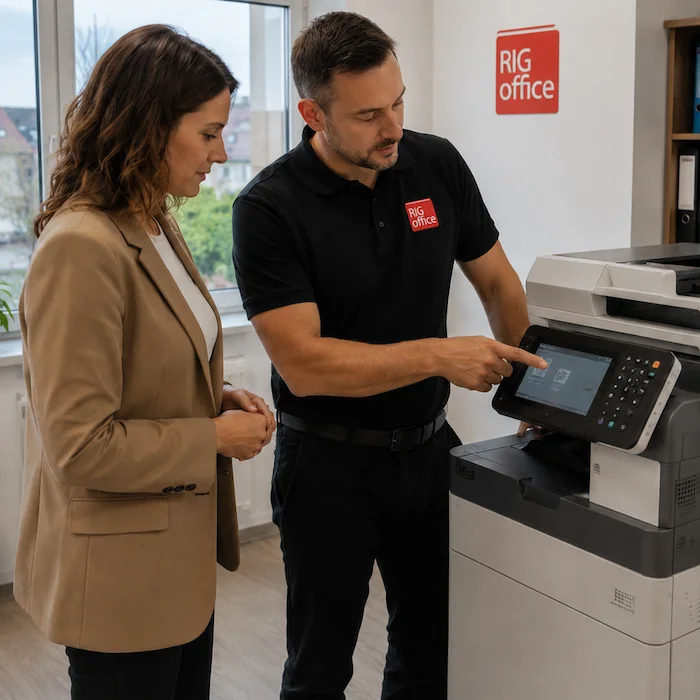 Serwisant RIG Office pokazuje klientce obsługę urządzenia wielofunkcyjnego