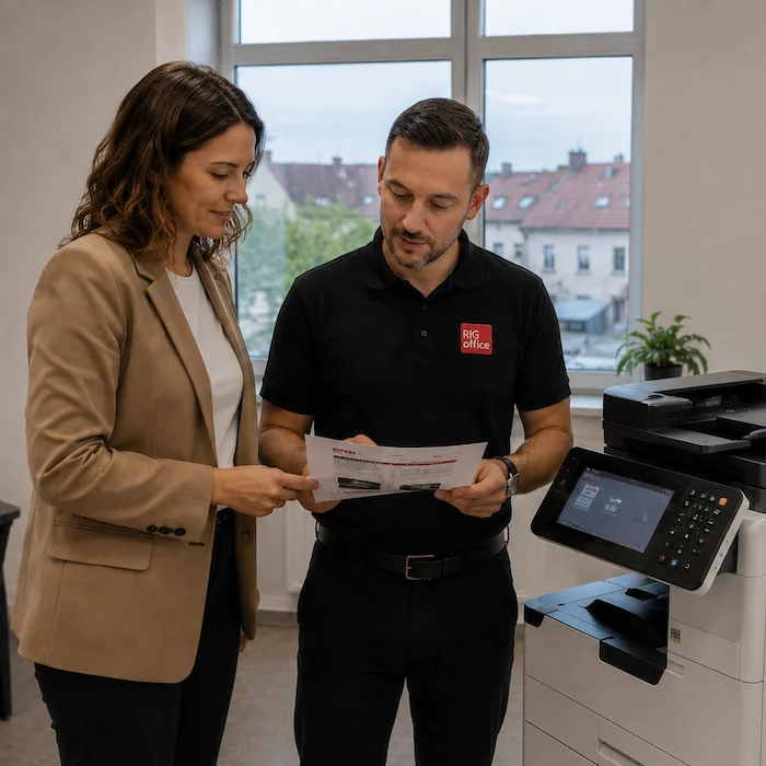 Pracownik RIG Office omawia z klientką opiekę serwisową urządzenia