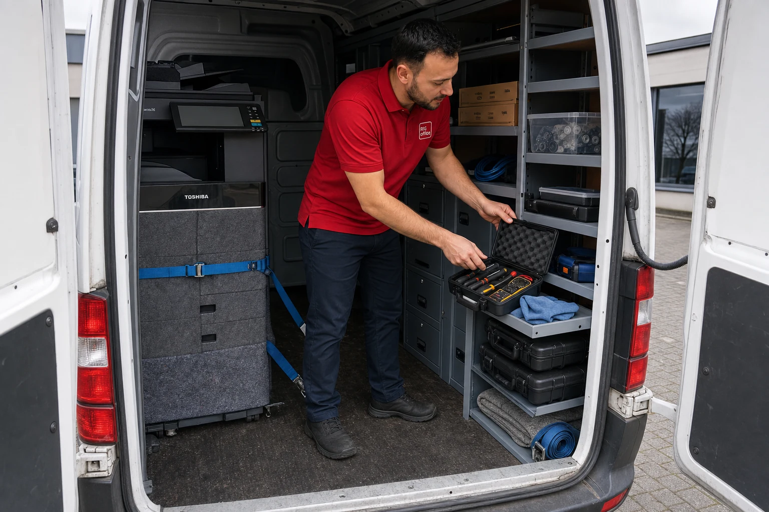 Technik RIG Office porządkuje narzędzia w dostawczaku obok kserokopiarki Toshiba zabezpieczonej pasami transportowymi.