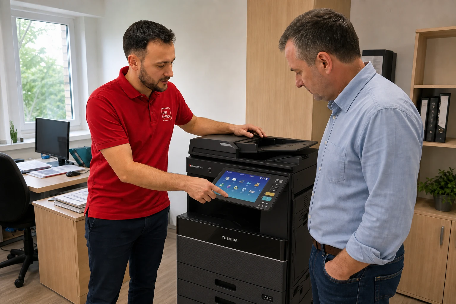 Technik RIG Office pokazuje klientowi obsługę czarnej kserokopiarki Toshiba w biurze.