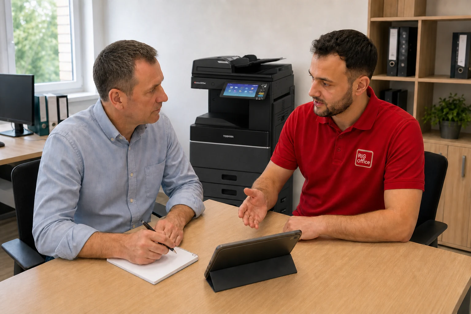Technik RIG Office i klient omawiają ofertę przy biurku z tabletem, obok czarnej kserokopiarki Toshiba.