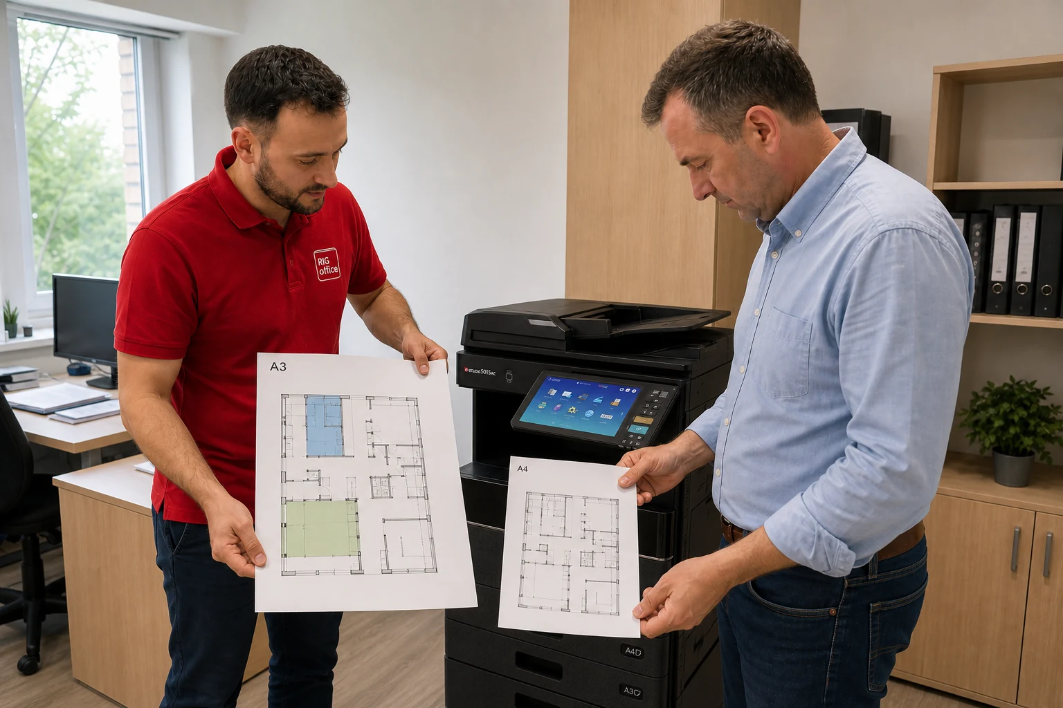 Technik w czerwonej koszulce RIG Office i klient porównują wydruki A3 i A4 przy czarnej kserokopiarce Toshiba.